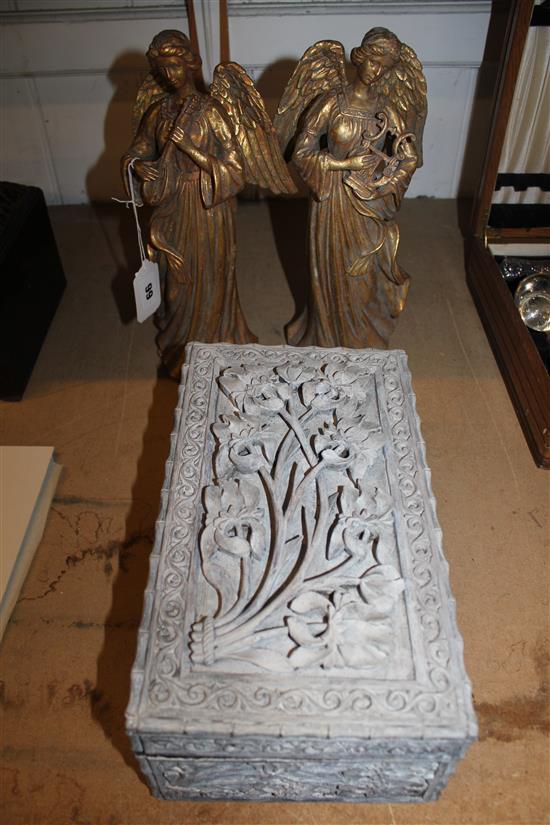 2 carved angels & a box